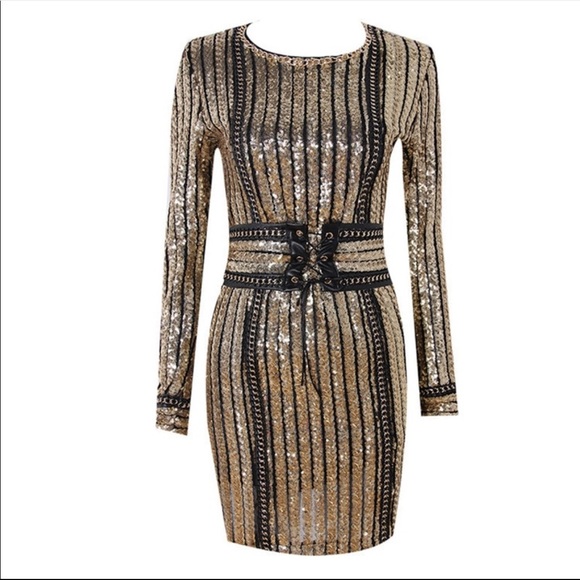 Long Sleeve Sequin Gold And Black Dress - Picture 5 of 8